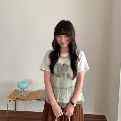 Frill Trim Pintuck Sheer Crop Camisole Top