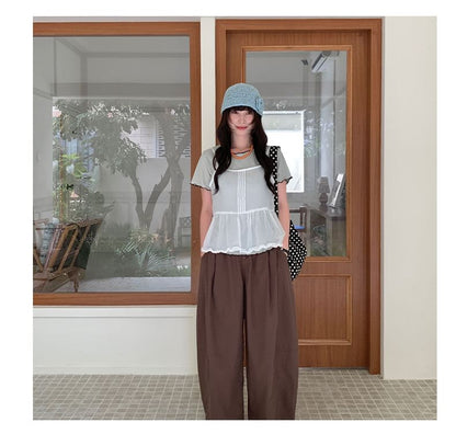 Frill Trim Pintuck Sheer Crop Camisole Top