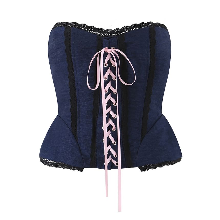 Lace-Up Corset Crop Tube Top with Lace Trim