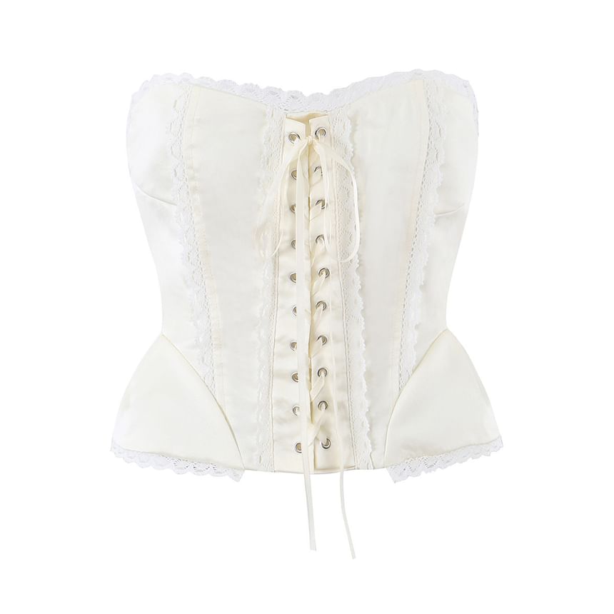 Lace-Up Corset Crop Tube Top with Lace Trim