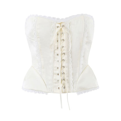 Lace-Up Corset Crop Tube Top with Lace Trim