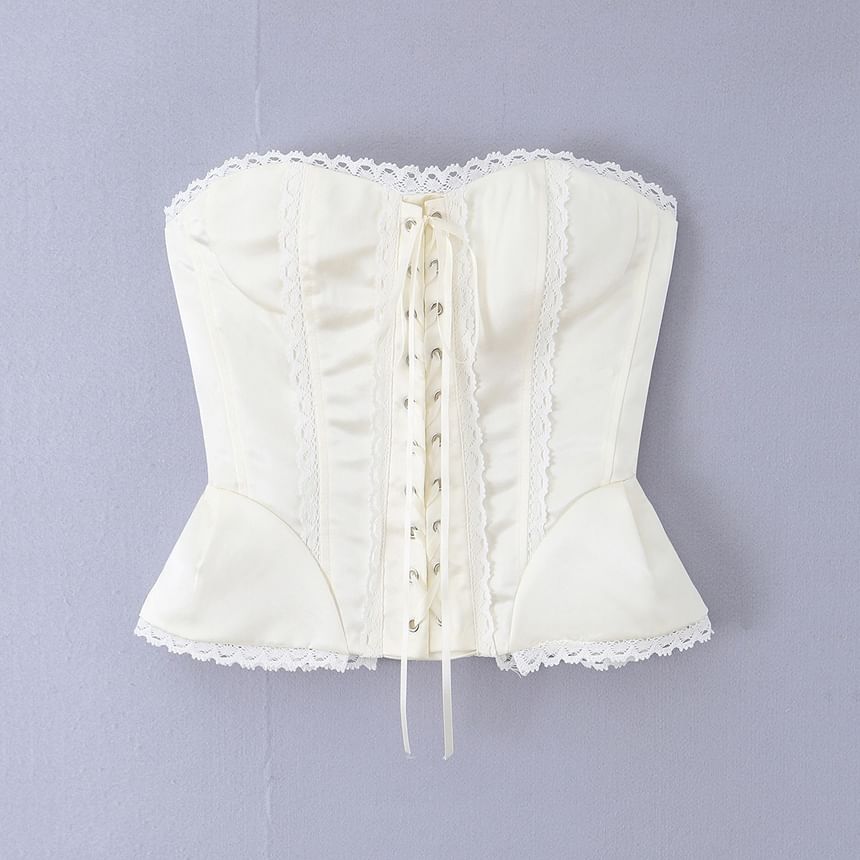 Lace-Up Corset Crop Tube Top with Lace Trim
