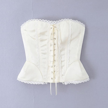 Lace-Up Corset Crop Tube Top with Lace Trim