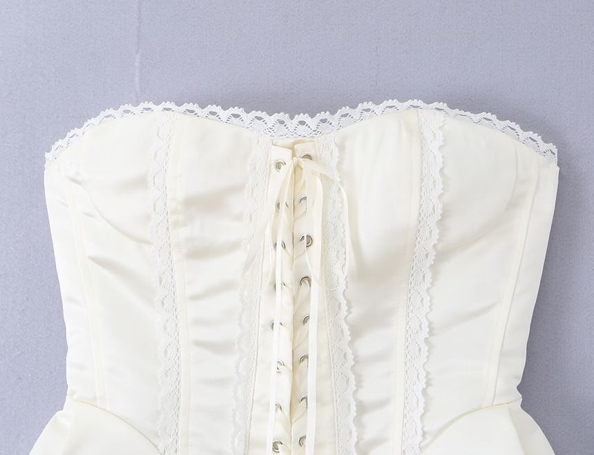 Lace-Up Corset Crop Tube Top with Lace Trim