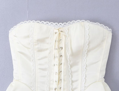 Lace-Up Corset Crop Tube Top with Lace Trim