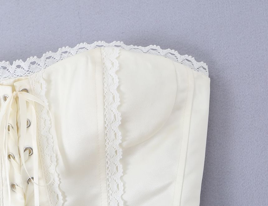 Lace-Up Corset Crop Tube Top with Lace Trim