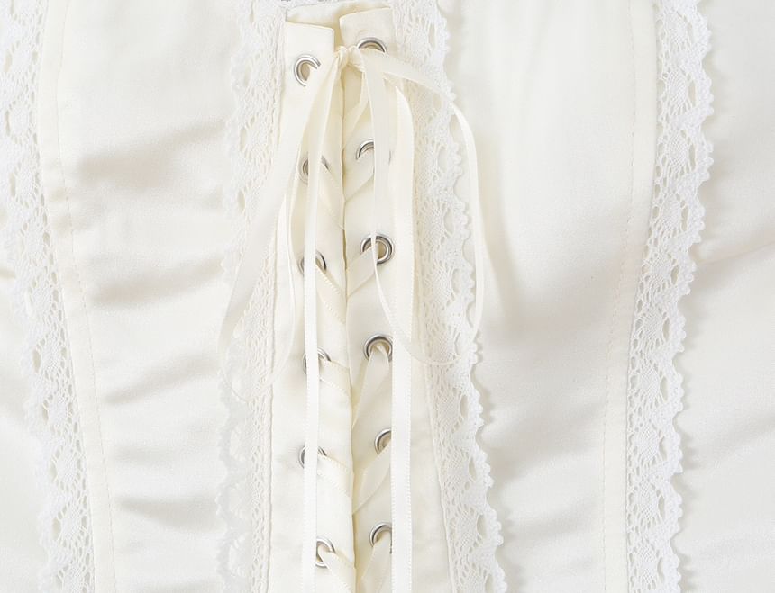 Lace-Up Corset Crop Tube Top with Lace Trim