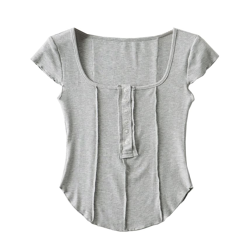 Scoop Neck Ribbed Half-Button Crop Tee