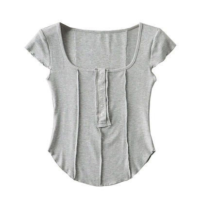 Scoop Neck Ribbed Half-Button Crop Tee