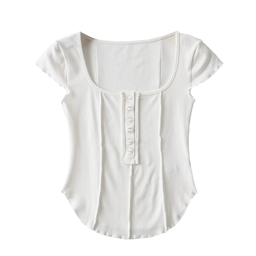 Scoop Neck Ribbed Half-Button Crop Tee