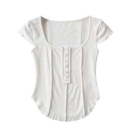 Scoop Neck Ribbed Half-Button Crop Tee