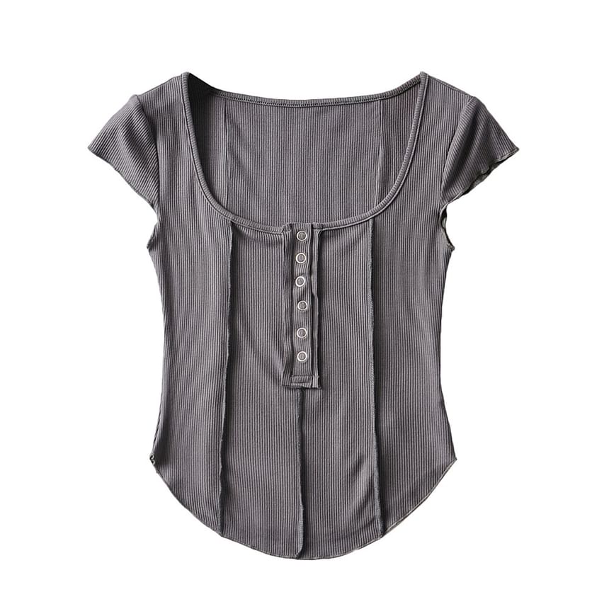 Scoop Neck Ribbed Half-Button Crop Tee
