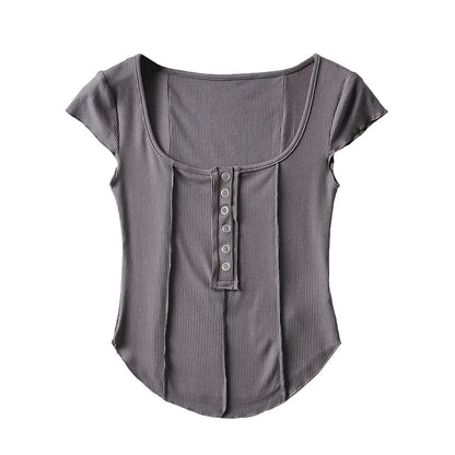 Scoop Neck Ribbed Half-Button Crop Tee