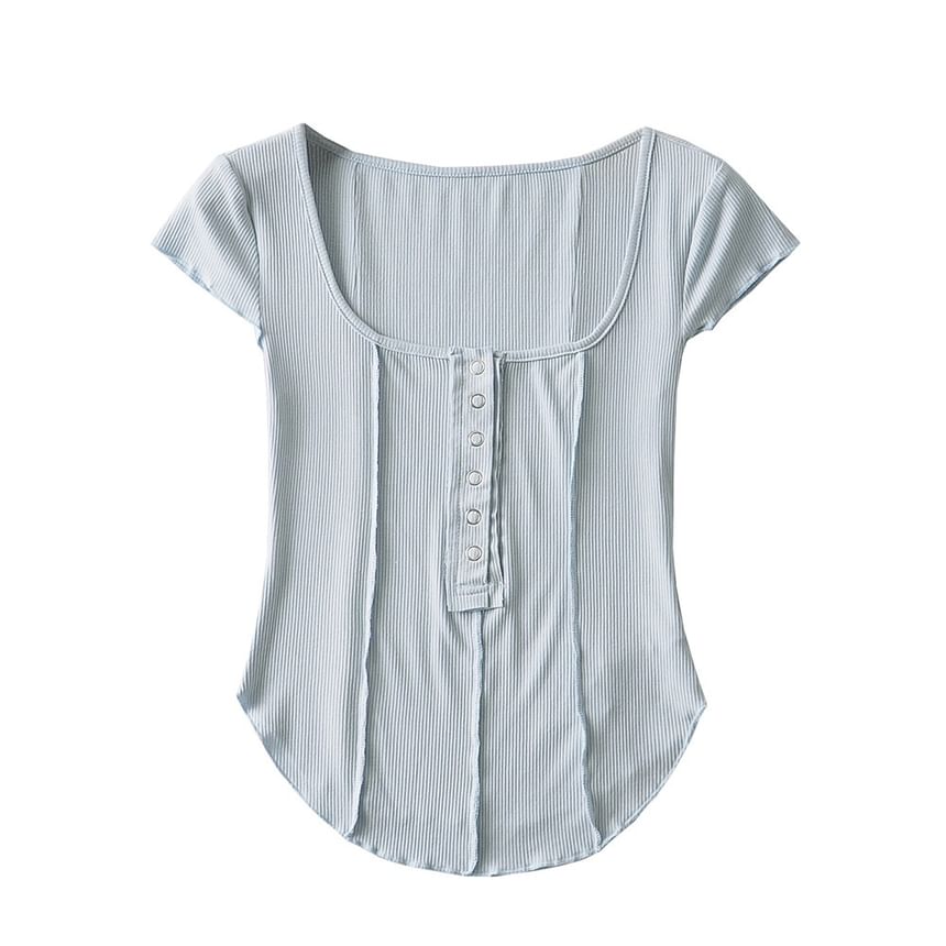Scoop Neck Ribbed Half-Button Crop Tee