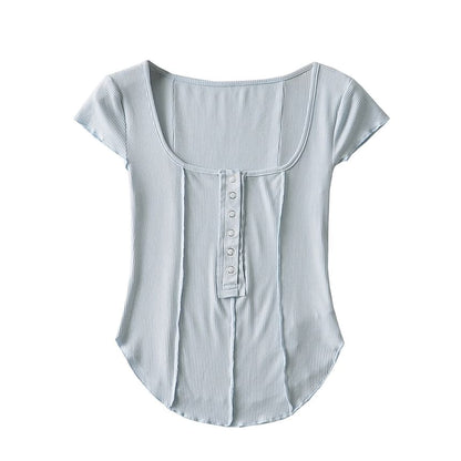 Scoop Neck Ribbed Half-Button Crop Tee