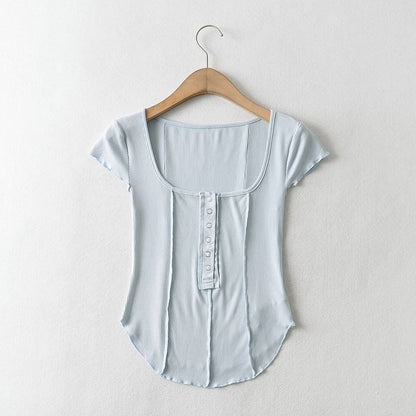 Scoop Neck Ribbed Half-Button Crop Tee