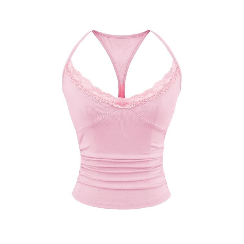 Halter V-Neck Lace Trim Ruched Racerback Crop