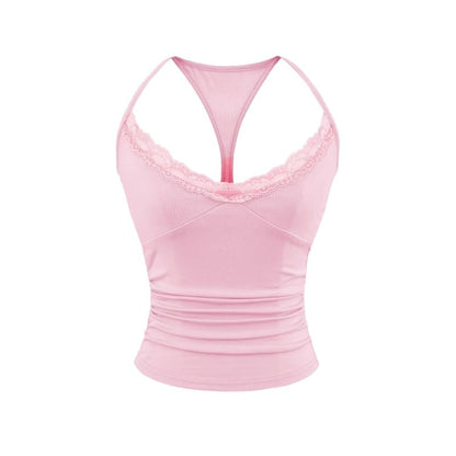 Halter V-Neck Lace Trim Ruched Racerback Crop
