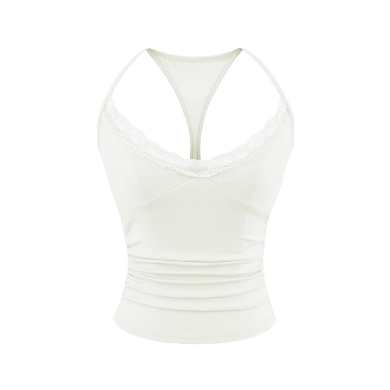 Halter V-Neck Lace Trim Ruched Racerback Crop