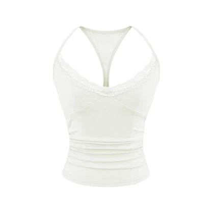 Halter V-Neck Lace Trim Ruched Racerback Crop