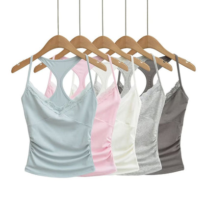 Halter V-Neck Lace Trim Ruched Racerback Crop