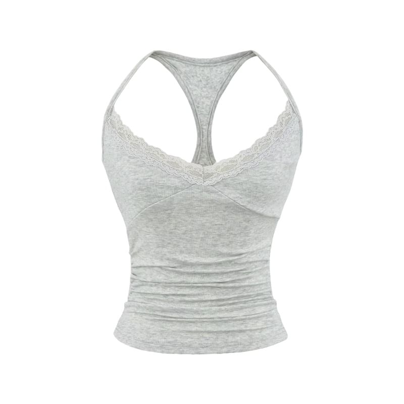 Halter V-Neck Lace Trim Ruched Racerback Crop