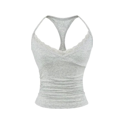 Halter V-Neck Lace Trim Ruched Racerback Crop