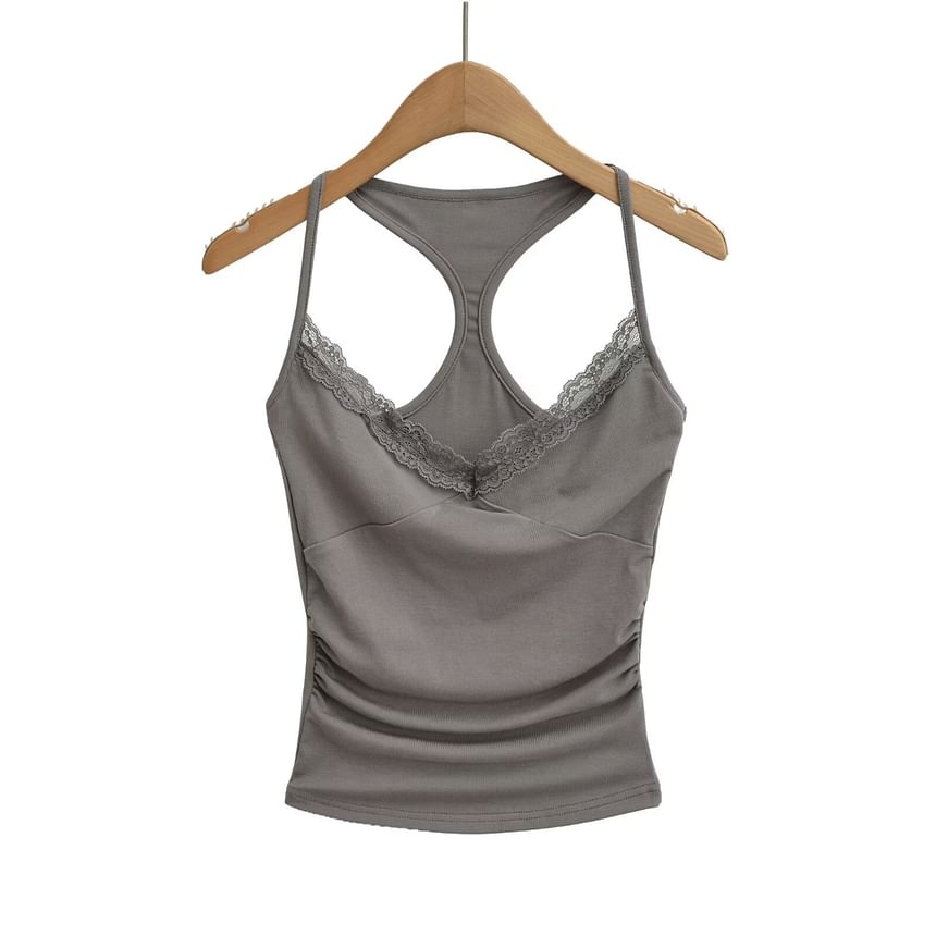 Halter V-Neck Lace Trim Ruched Racerback Crop