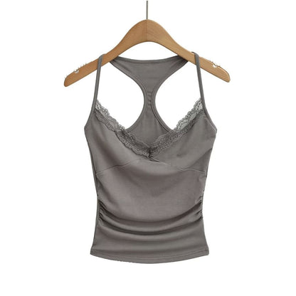 Halter V-Neck Lace Trim Ruched Racerback Crop