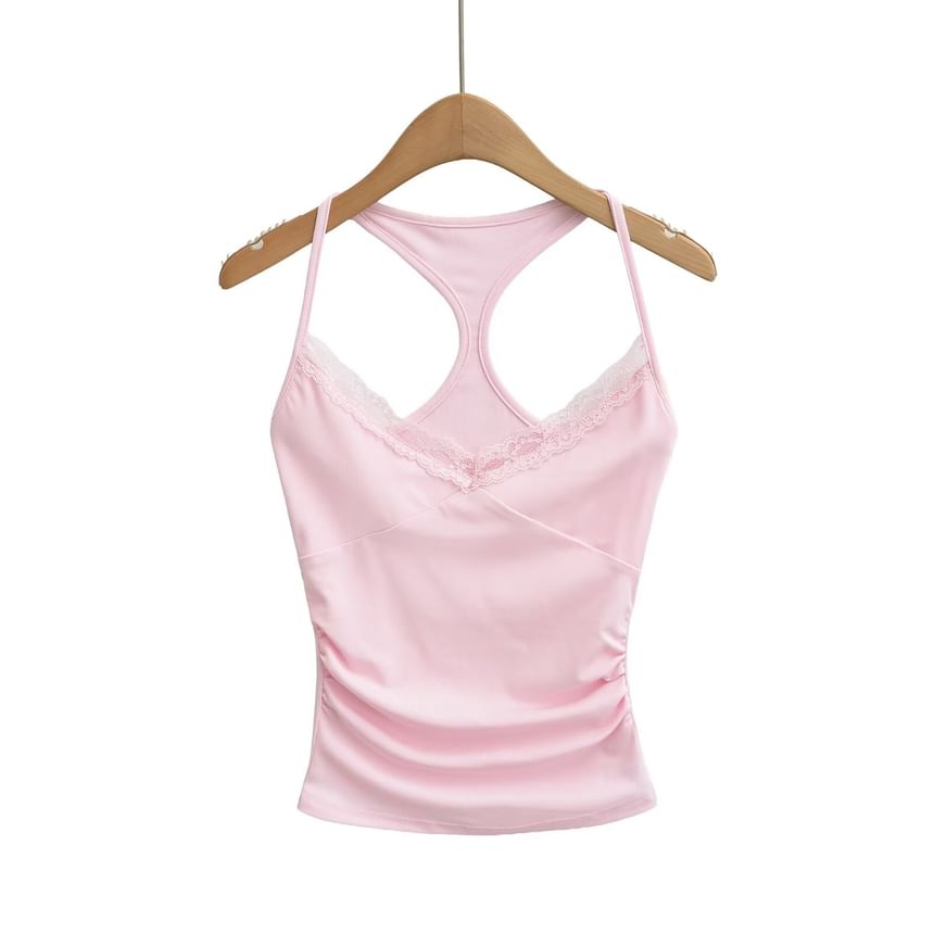 Halter V-Neck Lace Trim Ruched Racerback Crop
