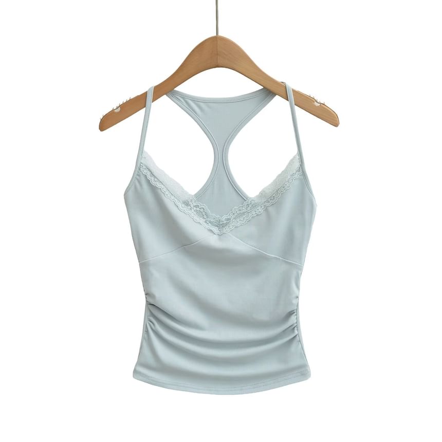 Halter V-Neck Lace Trim Ruched Racerback Crop