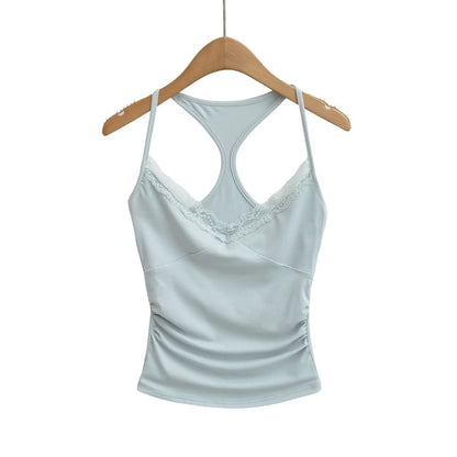 Halter V-Neck Lace Trim Ruched Racerback Crop