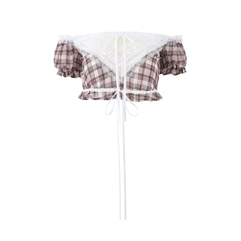 Off-Shoulder Puff Sleeve Plaid Lace Crop Top