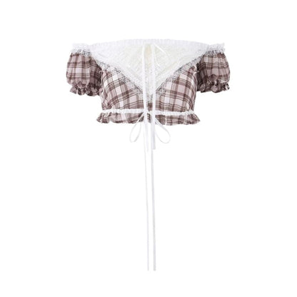 Off-Shoulder Puff Sleeve Plaid Lace Crop Top