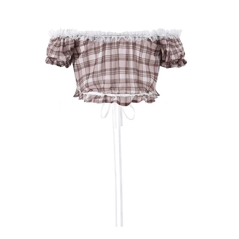 Off-Shoulder Puff Sleeve Plaid Lace Crop Top