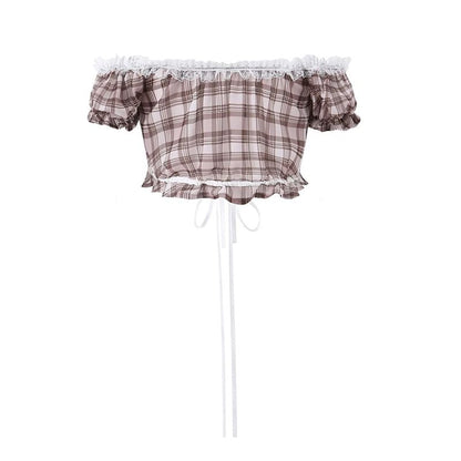 Off-Shoulder Puff Sleeve Plaid Lace Crop Top