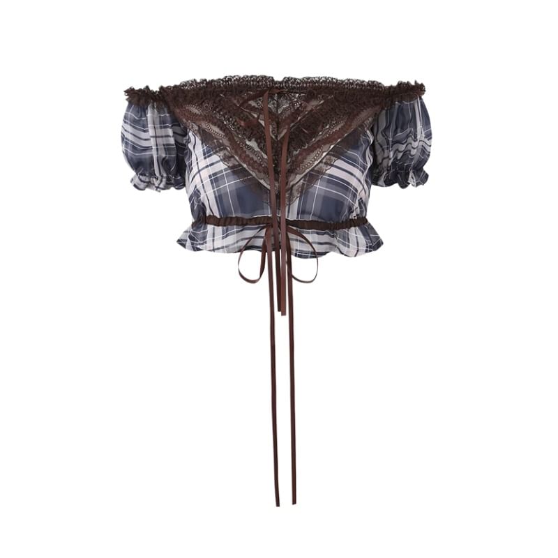 Off-Shoulder Puff Sleeve Plaid Lace Crop Top