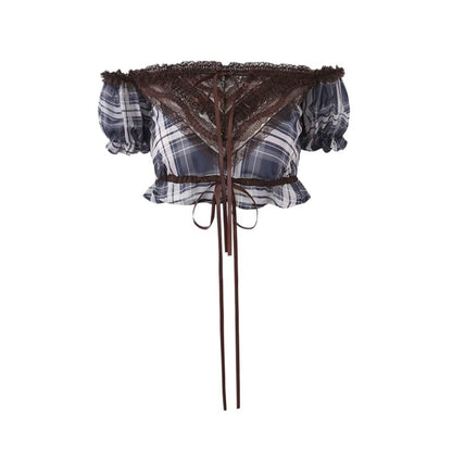 Off-Shoulder Puff Sleeve Plaid Lace Crop Top