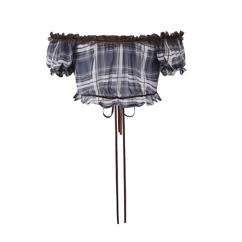 Off-Shoulder Puff Sleeve Plaid Lace Crop Top