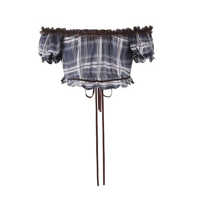 Off-Shoulder Puff Sleeve Plaid Lace Crop Top