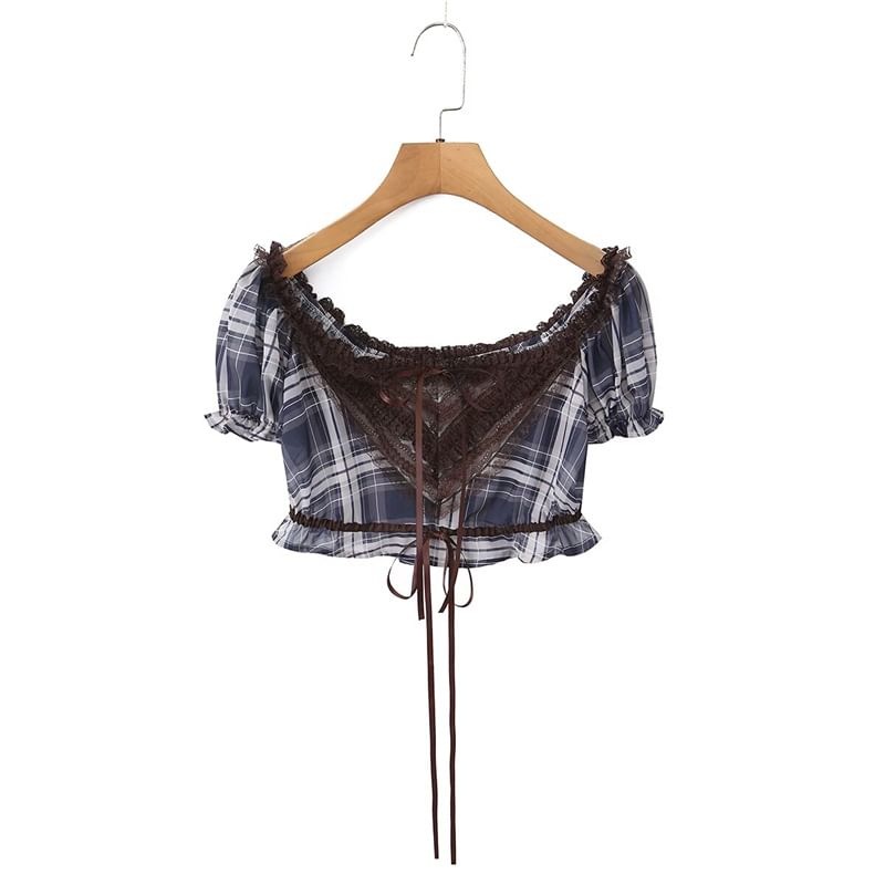 Off-Shoulder Puff Sleeve Plaid Lace Crop Top