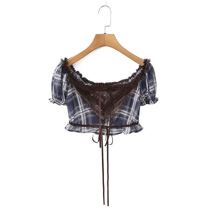 Off-Shoulder Puff Sleeve Plaid Lace Crop Top