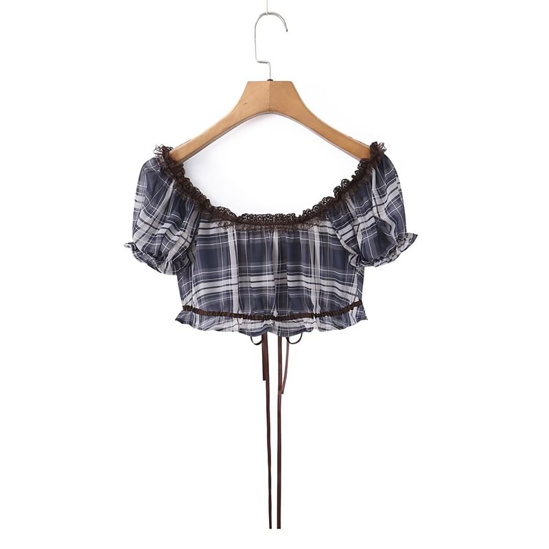 Off-Shoulder Puff Sleeve Plaid Lace Crop Top