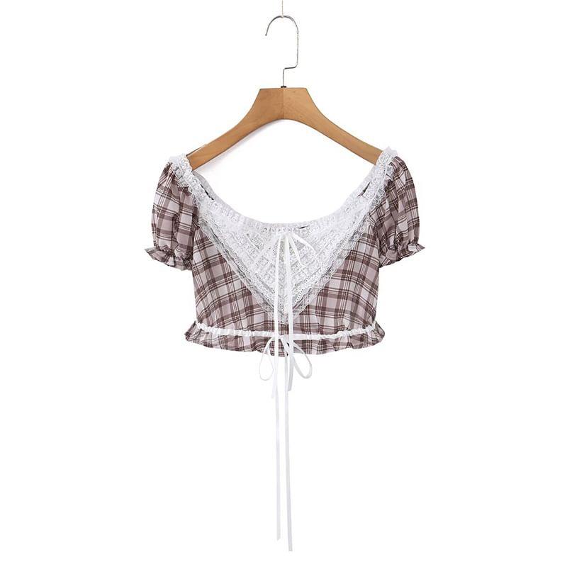Off-Shoulder Puff Sleeve Plaid Lace Crop Top