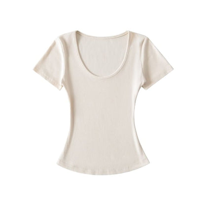 Ribbed Slim Fit Scoop Neck Short Sleeve Crop Tee