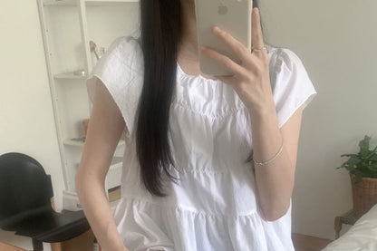 Round Neck Flutter Sleeve Ruched Tiered Top