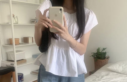 Round Neck Flutter Sleeve Ruched Tiered Top