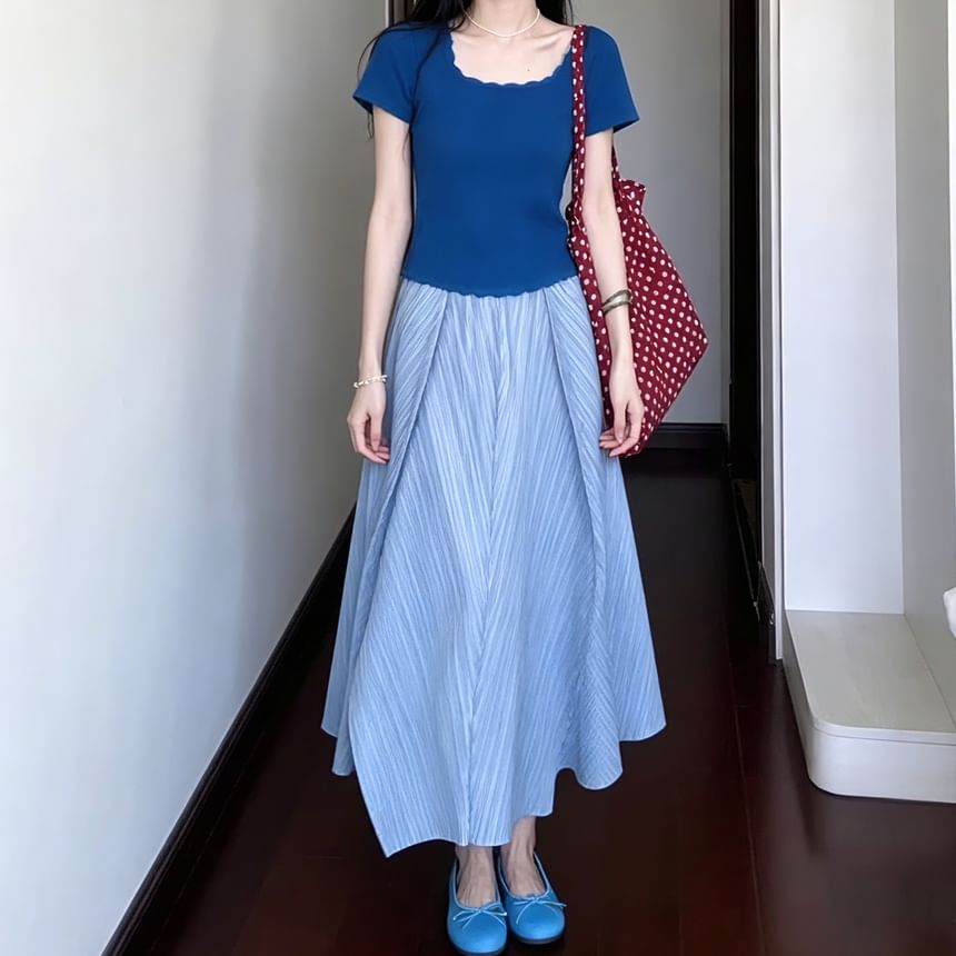 Square Neck Ribbed Knit Top Short Sleeves
