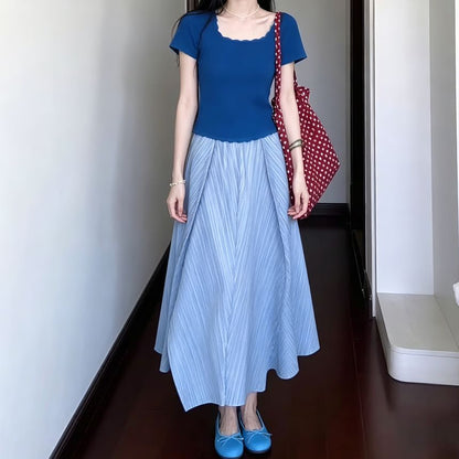 Square Neck Ribbed Knit Top Short Sleeves