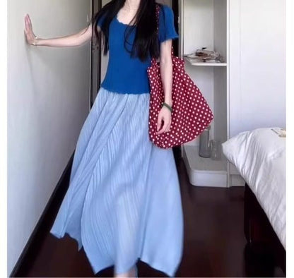 Square Neck Ribbed Knit Top Short Sleeves